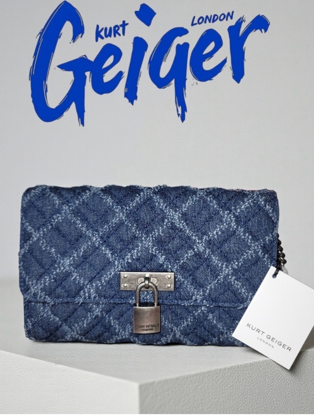 Kurt Geiger Denim-Textured Quilted Crossbody with Padlock Detail